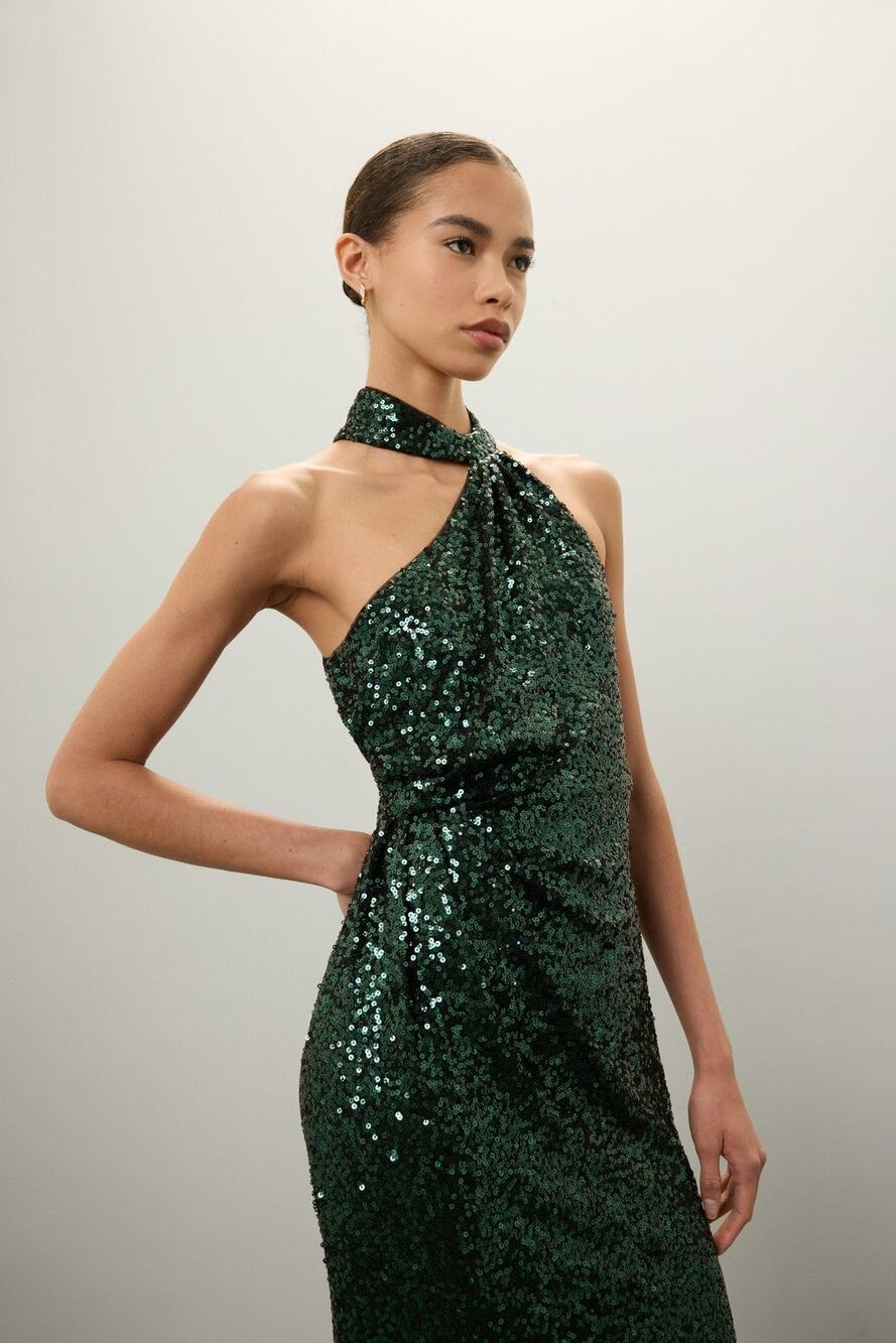 Badgley Mischka Emerald Green Sequin Halter Column Gown Size 6 Formal $850